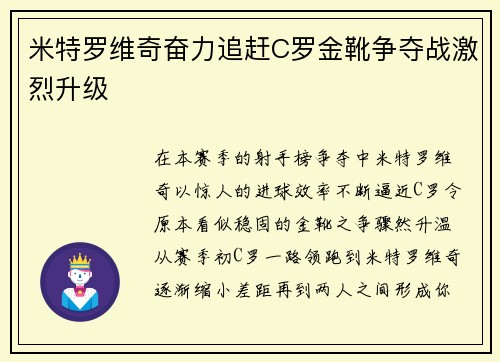 米特罗维奇奋力追赶C罗金靴争夺战激烈升级