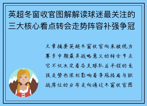 英超冬窗收官图解解读球迷最关注的三大核心看点转会走势阵容补强争冠 英超冬窗收官图解解读球迷最关注的三大核心看点转会走势阵容补强争冠